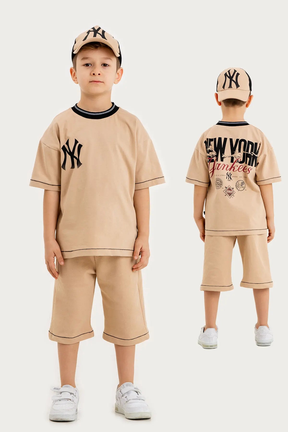 Fashinit Boys Summer Outfit New York Yankees Printed T Shirt Shorts Cap Beige 12 13 Years Old