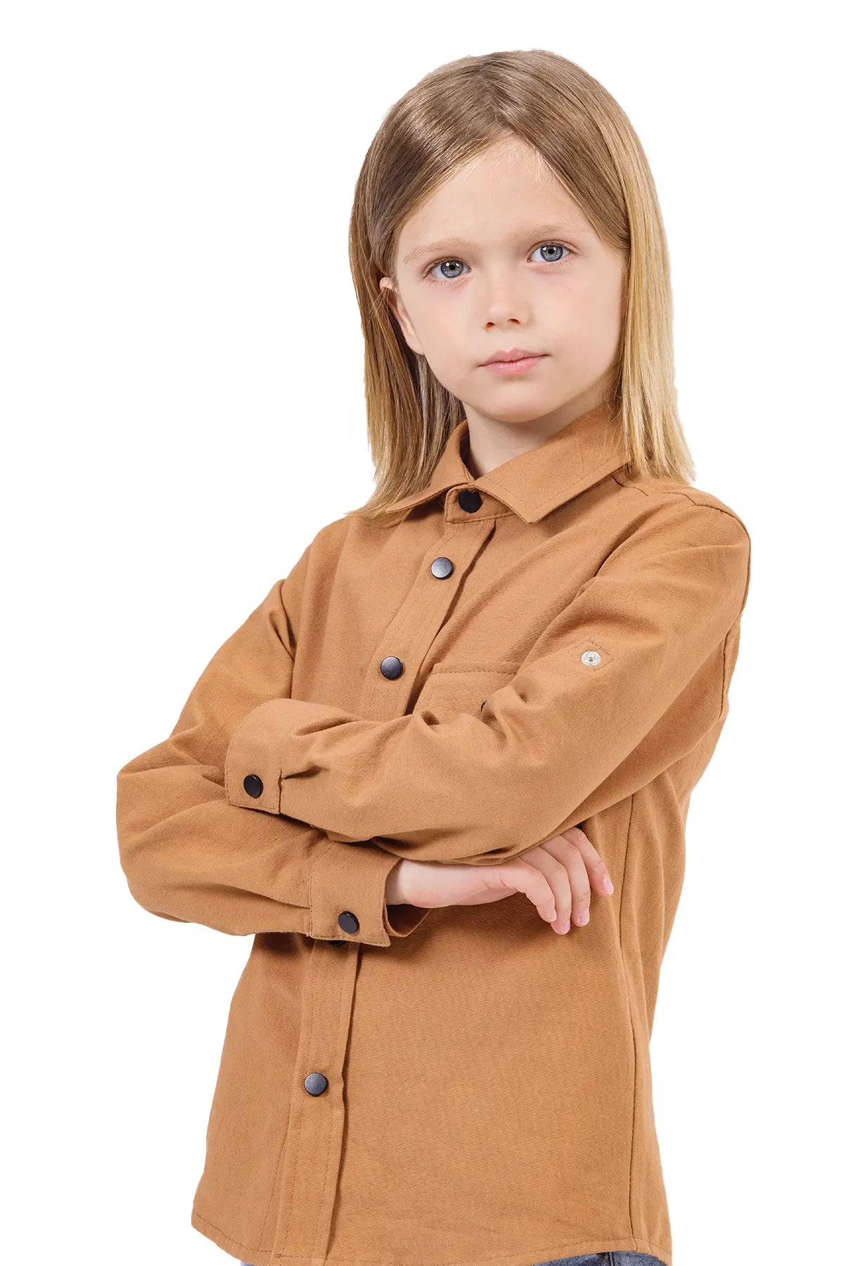 Kid Crossing Arms with Stylist Long Sleeve Brown Shirt