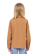 Blond Kid Back with Trendy Long Sleeve Brown Shirt
