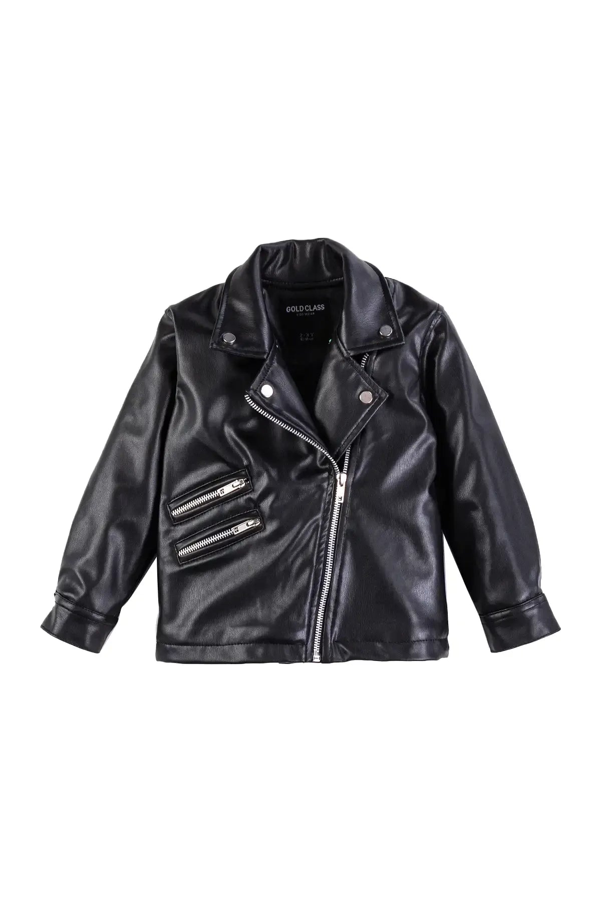 Kids V-Neck Leather Zip-Up Black Jacket with Zipper Details
