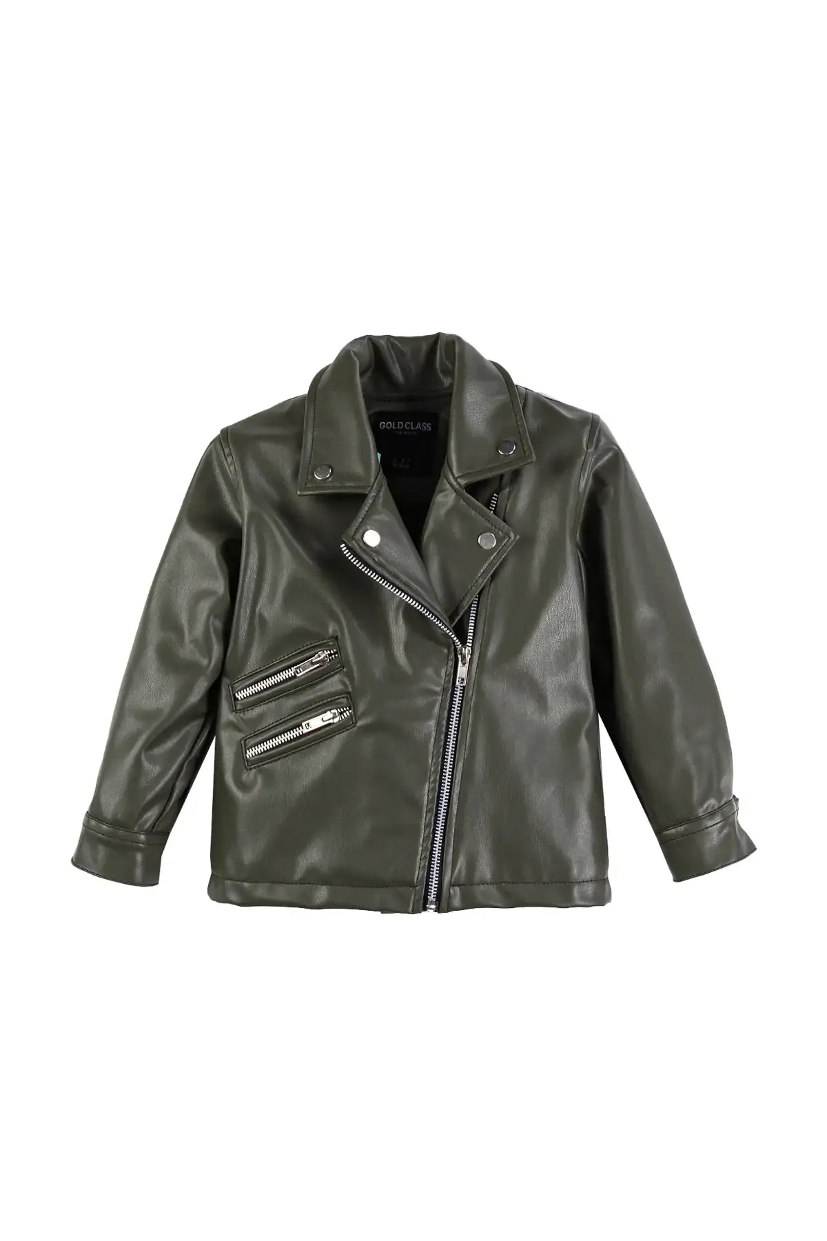 Kids V-Neck Leather Zip-Up Green Jacket with Zipper Details