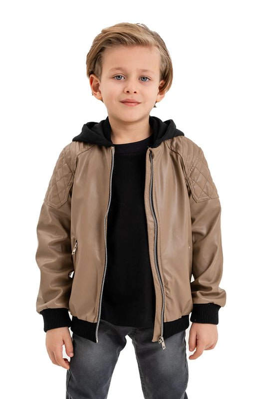Boys' Hooded Leather Zip-Up Jacket with Ribbed Hem