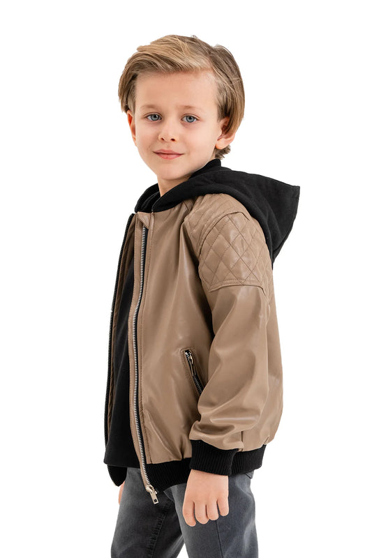 Boys' Hooded Leather Zip-Up Jacket with Ribbed Hem