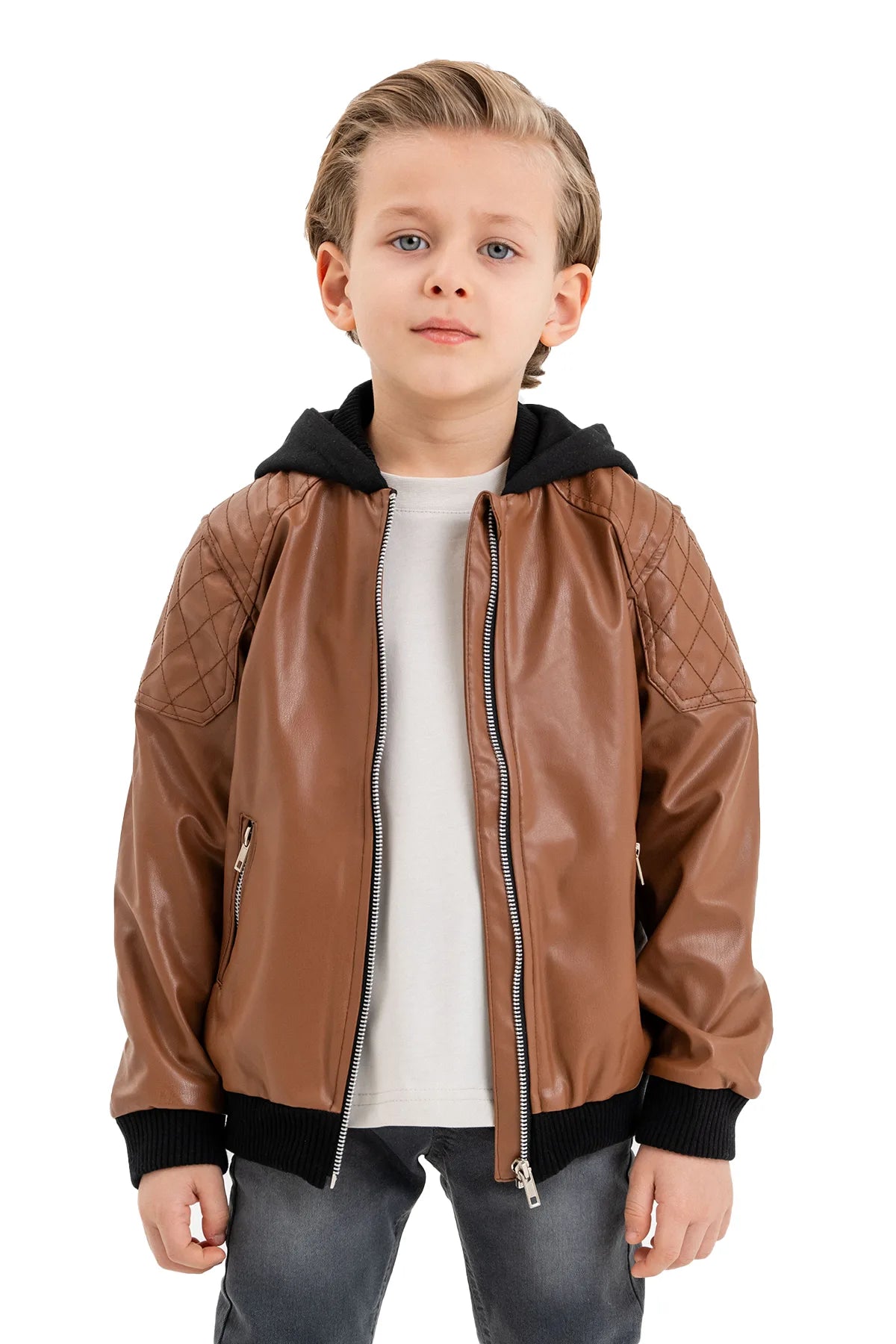 Boys hooded leather deals jacket