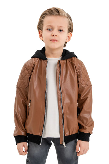 Boys' Hooded Leather Zip-Up Jacket with Ribbed Hem