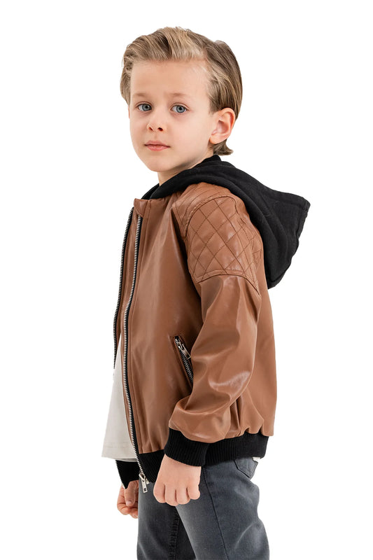 Boys' Hooded Leather Zip-Up Jacket with Ribbed Hem
