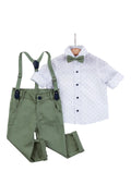 flat photo of green shirt salopet trouser kid set