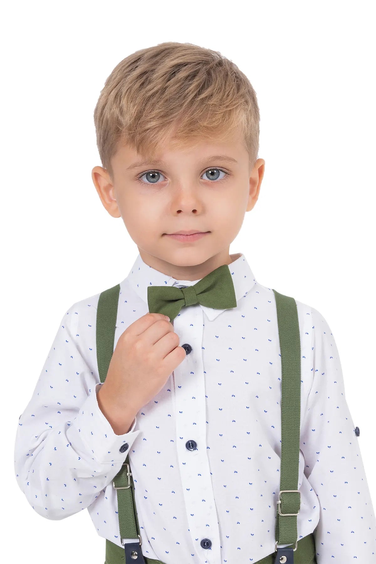 Green Shirt Salopet Set for Kids with Bow Tie