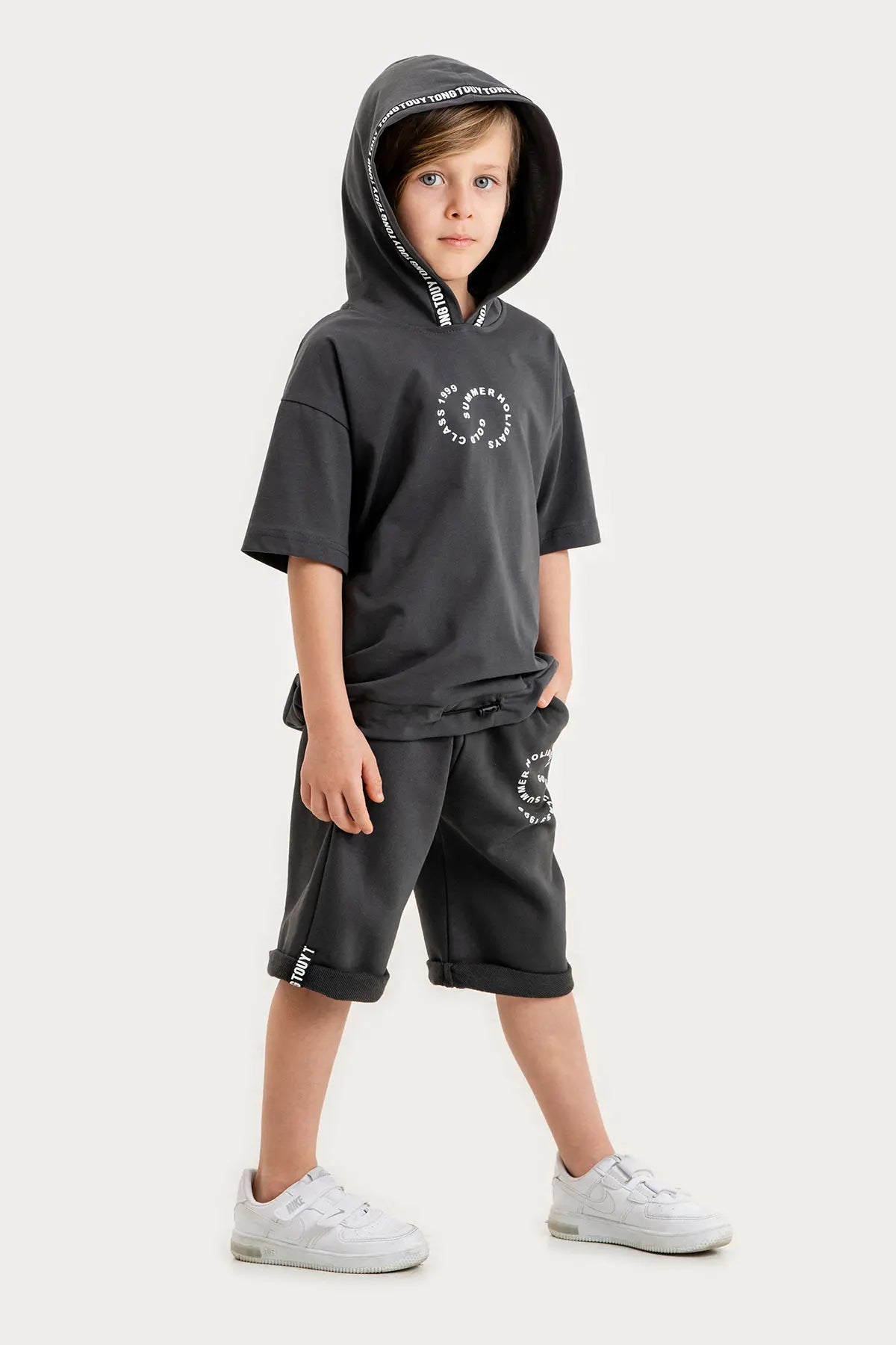 Boys Summer Outfit, "Summer Holidays" Printed with Hoodie T-shirt & Shorts