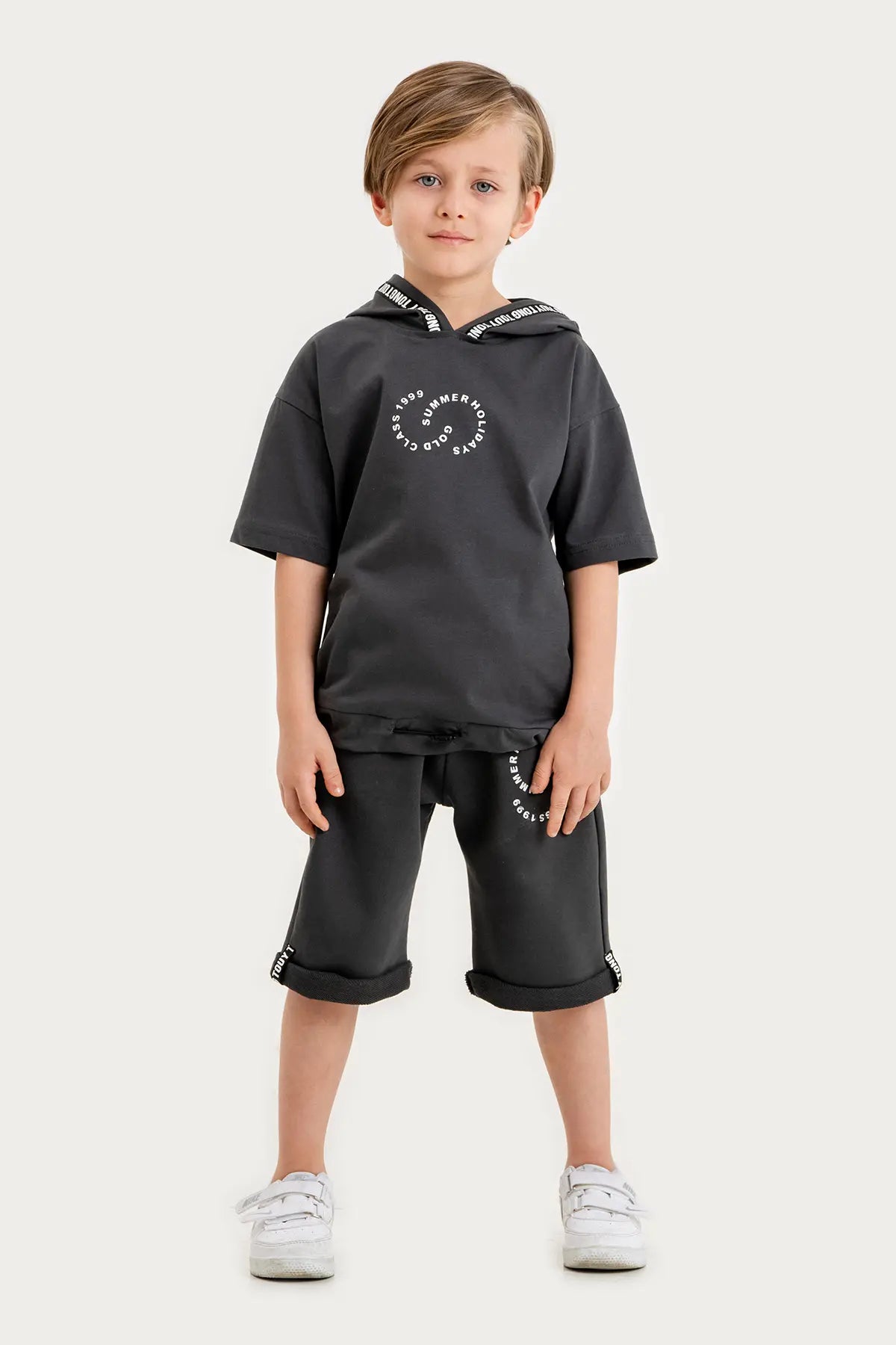 Boys Summer Outfit, "Summer Holidays" Printed with Hoodie T-shirt & Shorts