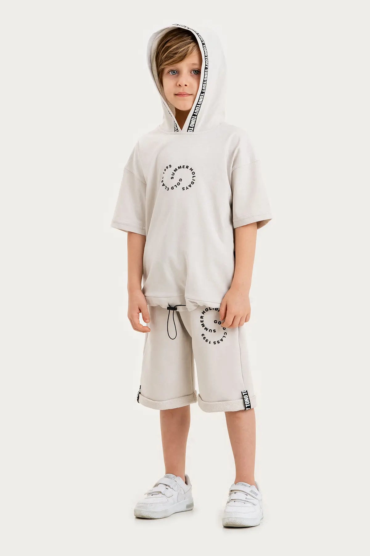 Boys Summer Outfit, "Summer Holidays" Printed with Hoodie T-shirt & Shorts