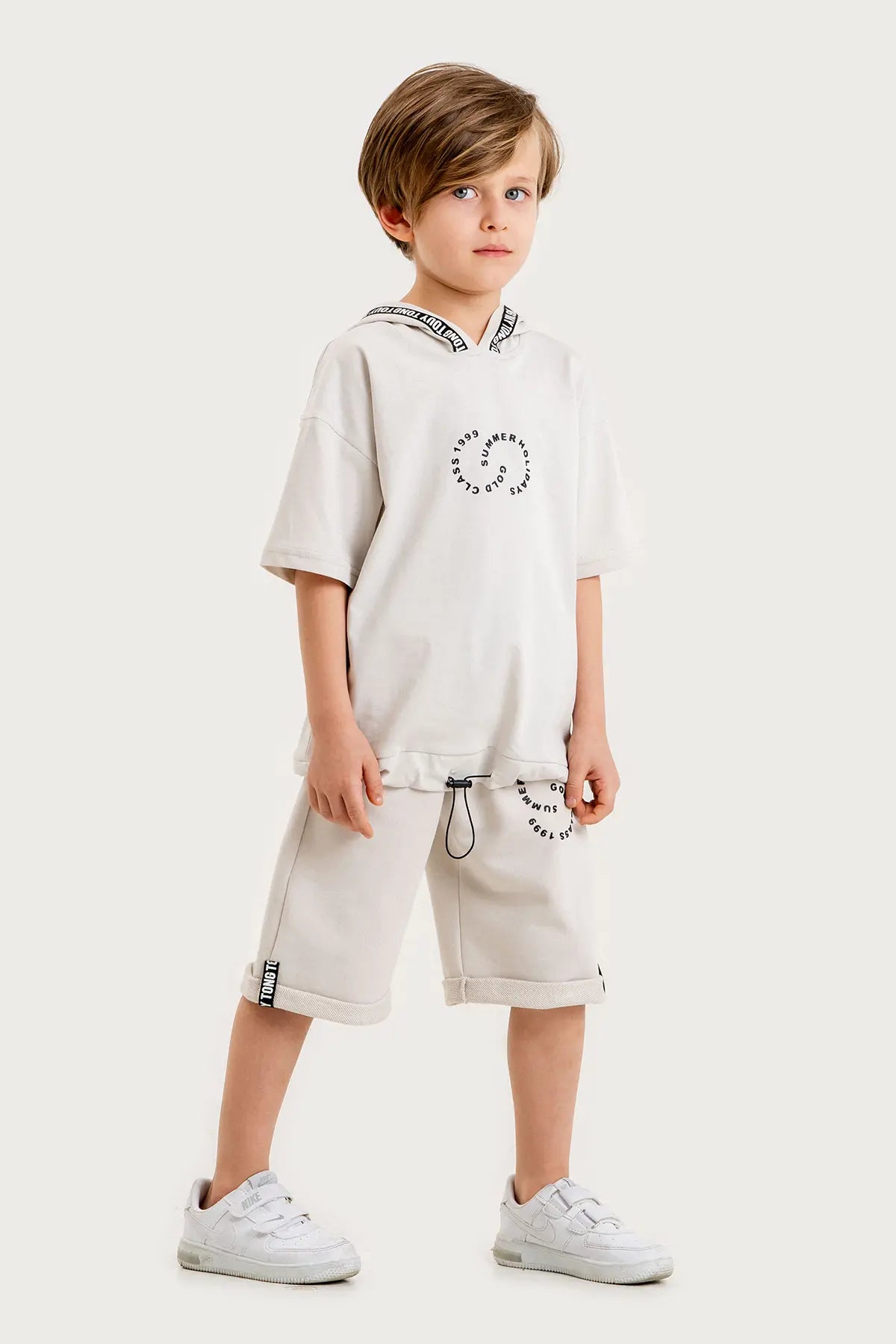 Boys Summer Outfit, "Summer Holidays" Printed with Hoodie T-shirt & Shorts