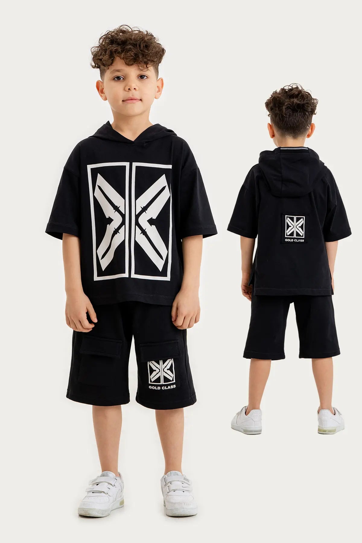 Boys Summer Outfit, "X" Print with Hoodie T-shirt & Shorts