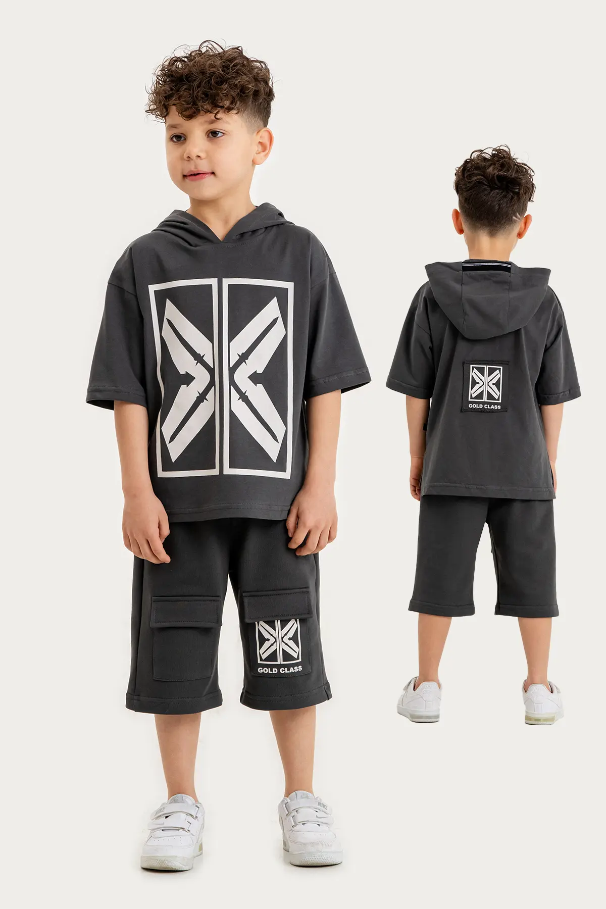 Boys Summer Outfit, "X" Print with Hoodie T-shirt & Shorts