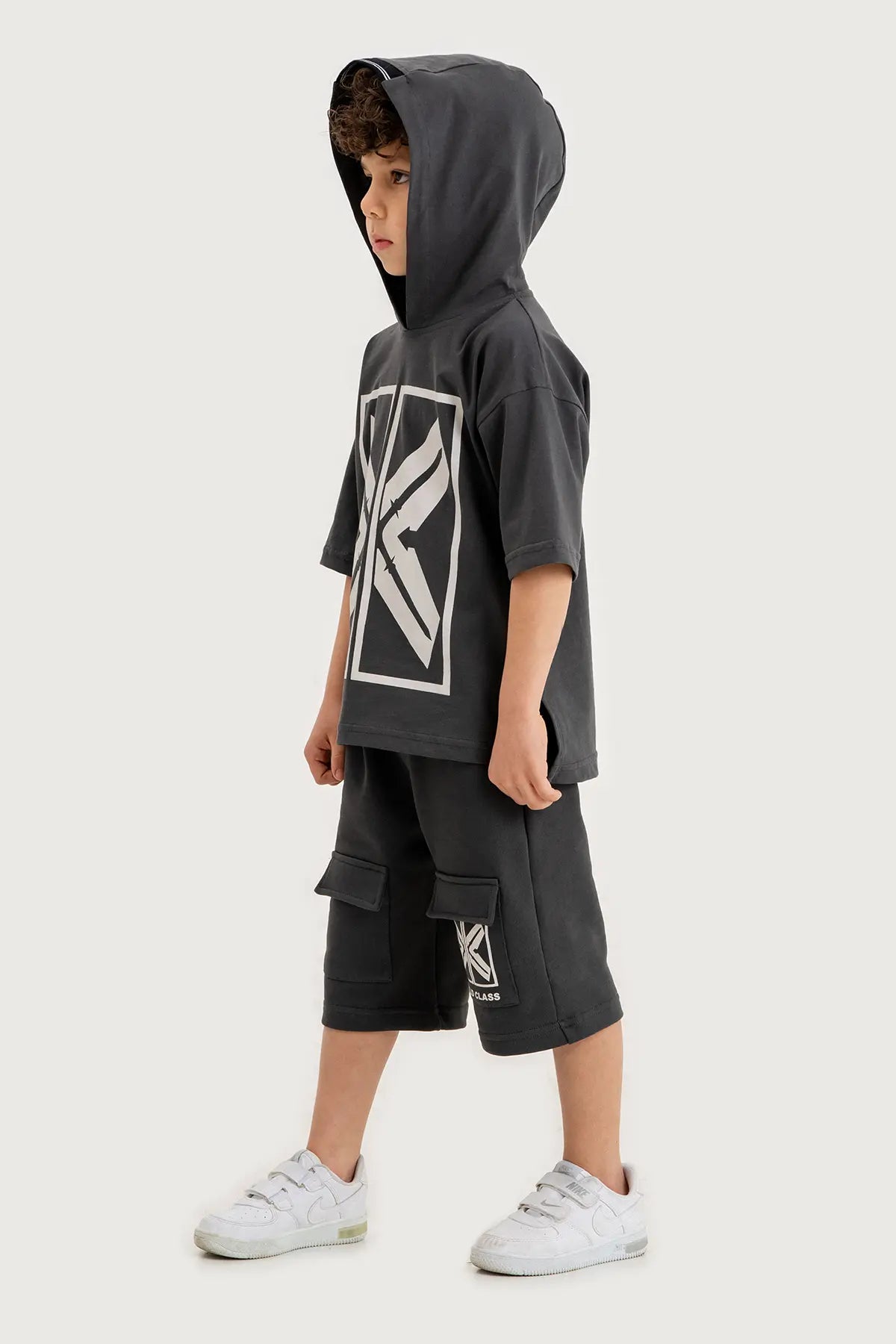 Boys Summer Outfit, "X" Print with Hoodie T-shirt & Shorts