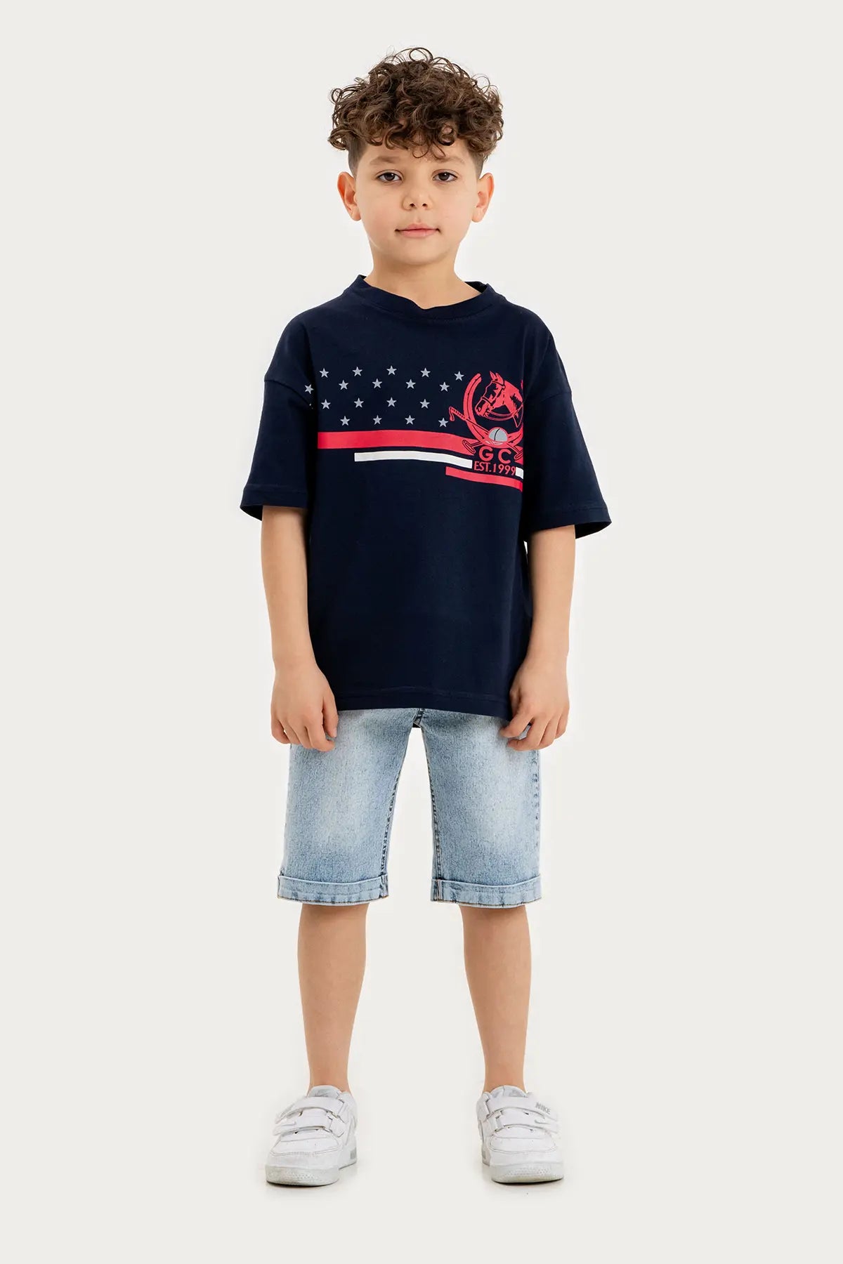 Boys Summer Outfit, Polo Club Printed with T-shirt & Denim Shorts