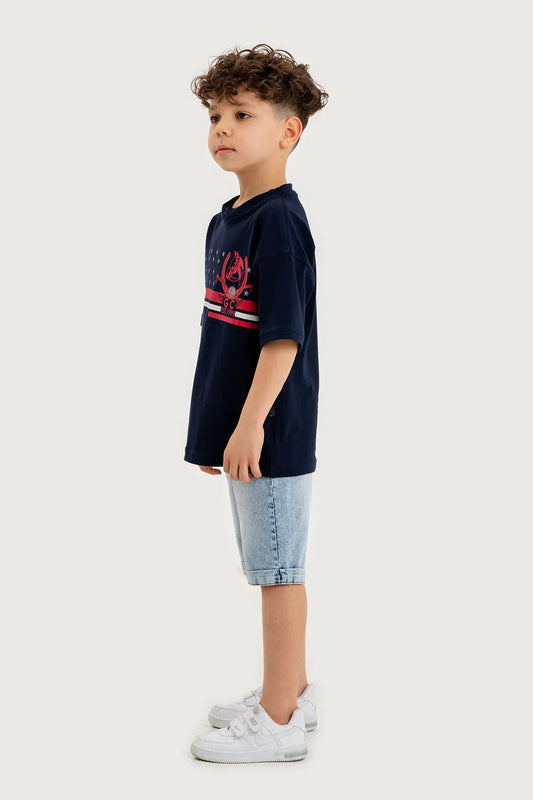 Boys Summer Outfit, Polo Club Printed with T-shirt & Denim Shorts