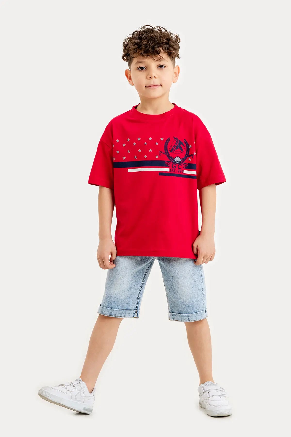 Boys Summer Outfit, Polo Club Printed with T-shirt & Denim Shorts