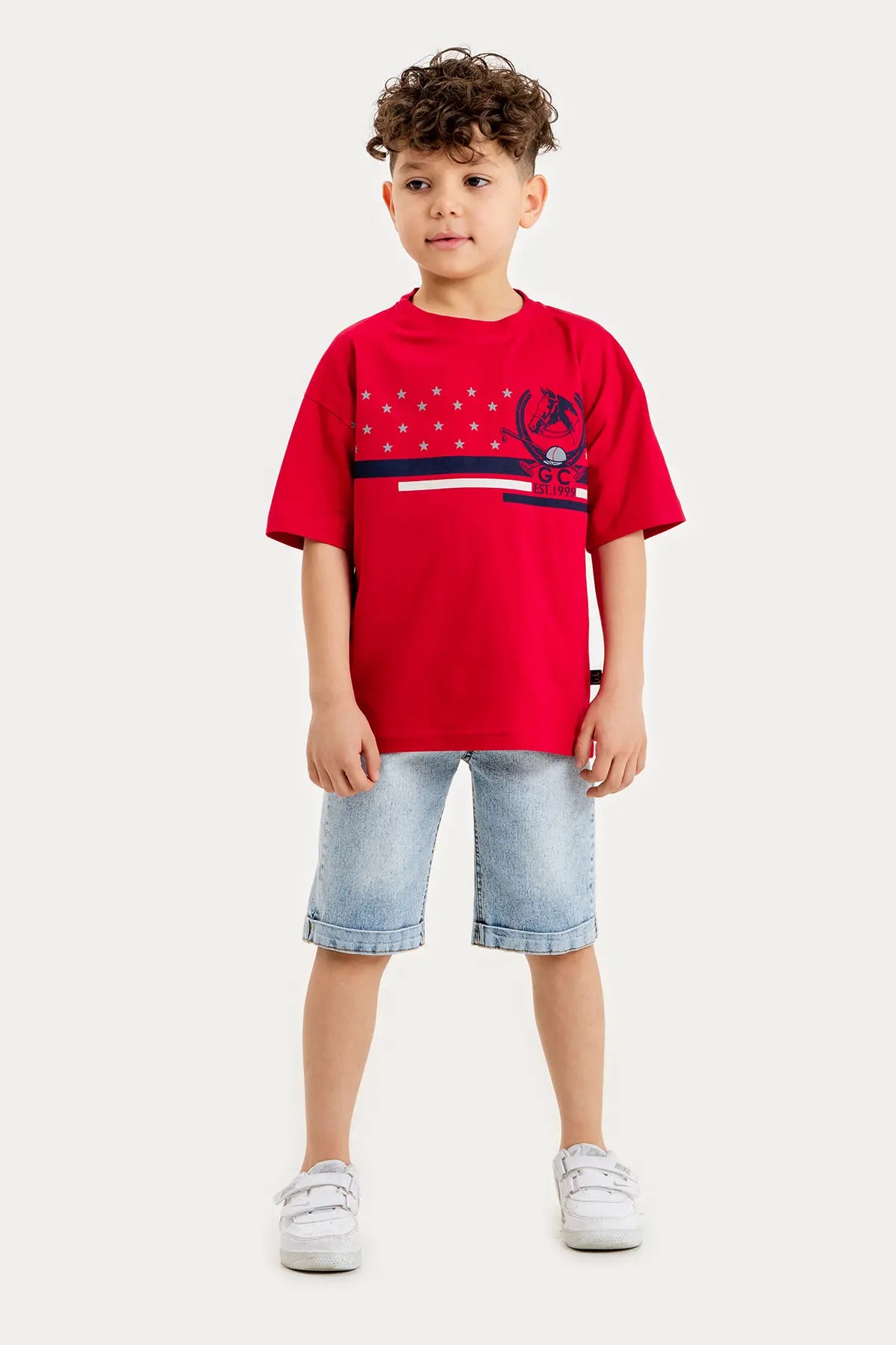 Boys Summer Outfit, Polo Club Printed with T-shirt & Denim Shorts