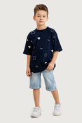 Boys Summer Outfit, Geometirc Printed with T-shirt & Denim Shorts