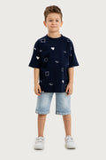 Boys Summer Outfit, Geometirc Printed with T-shirt & Denim Shorts