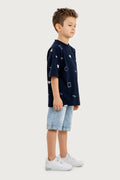 Boys Summer Outfit, Geometirc Printed with T-shirt & Denim Shorts