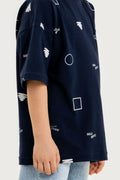 Boys Summer Outfit, Geometirc Printed with T-shirt & Denim Shorts