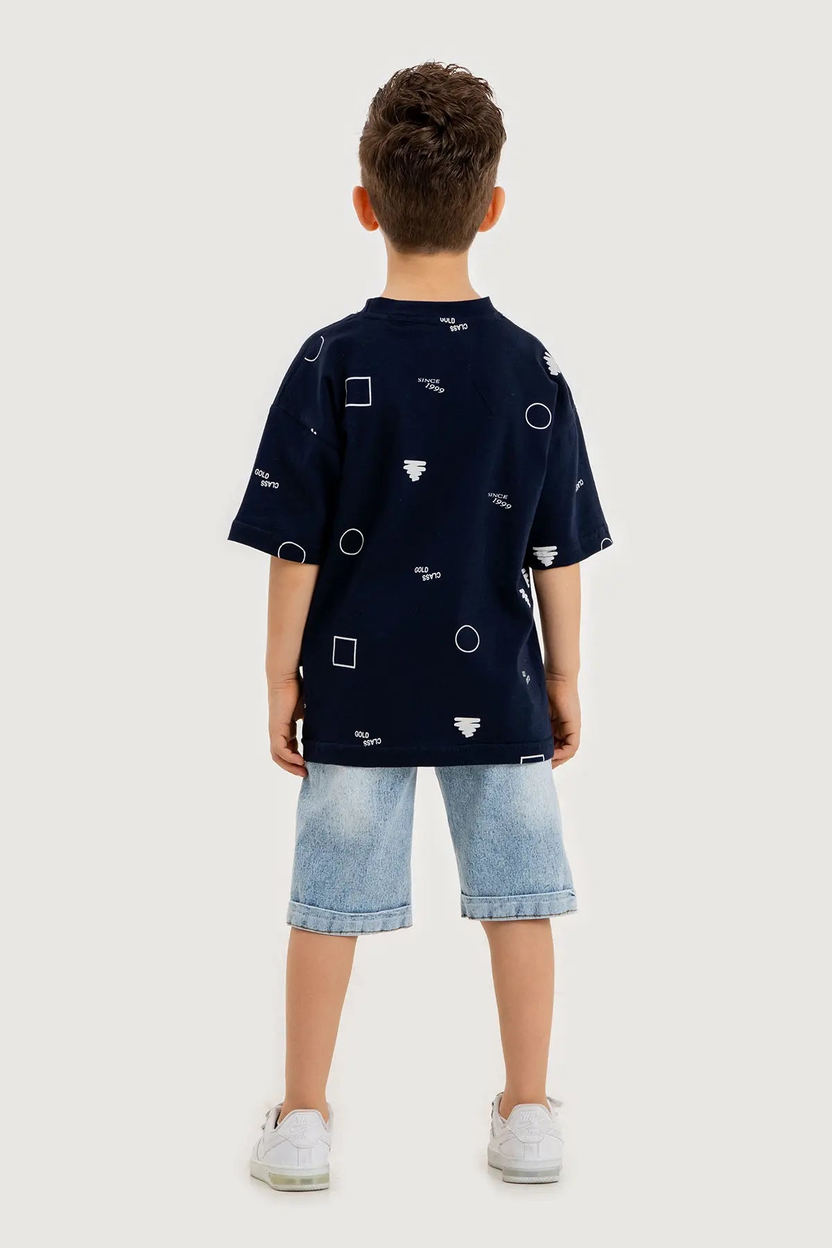 Boys Summer Outfit, Geometirc Printed with T-shirt & Denim Shorts