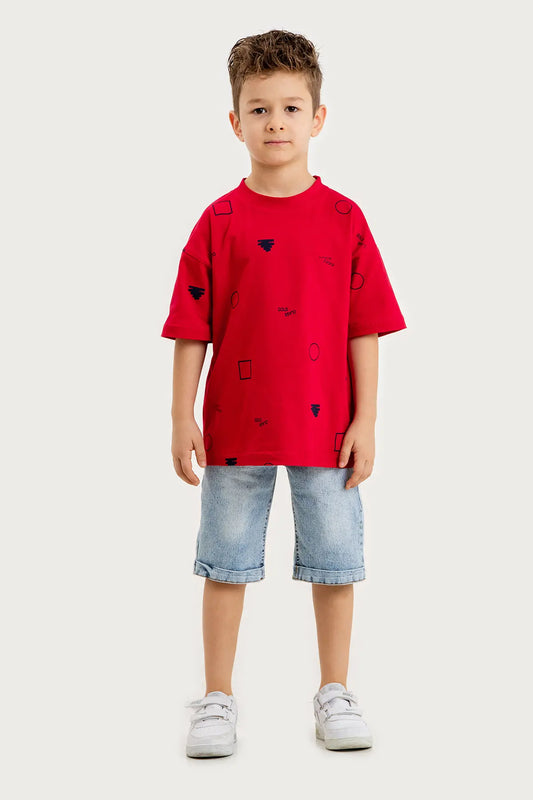 Boys Summer Outfit, Geometirc Printed with T-shirt & Denim Shorts