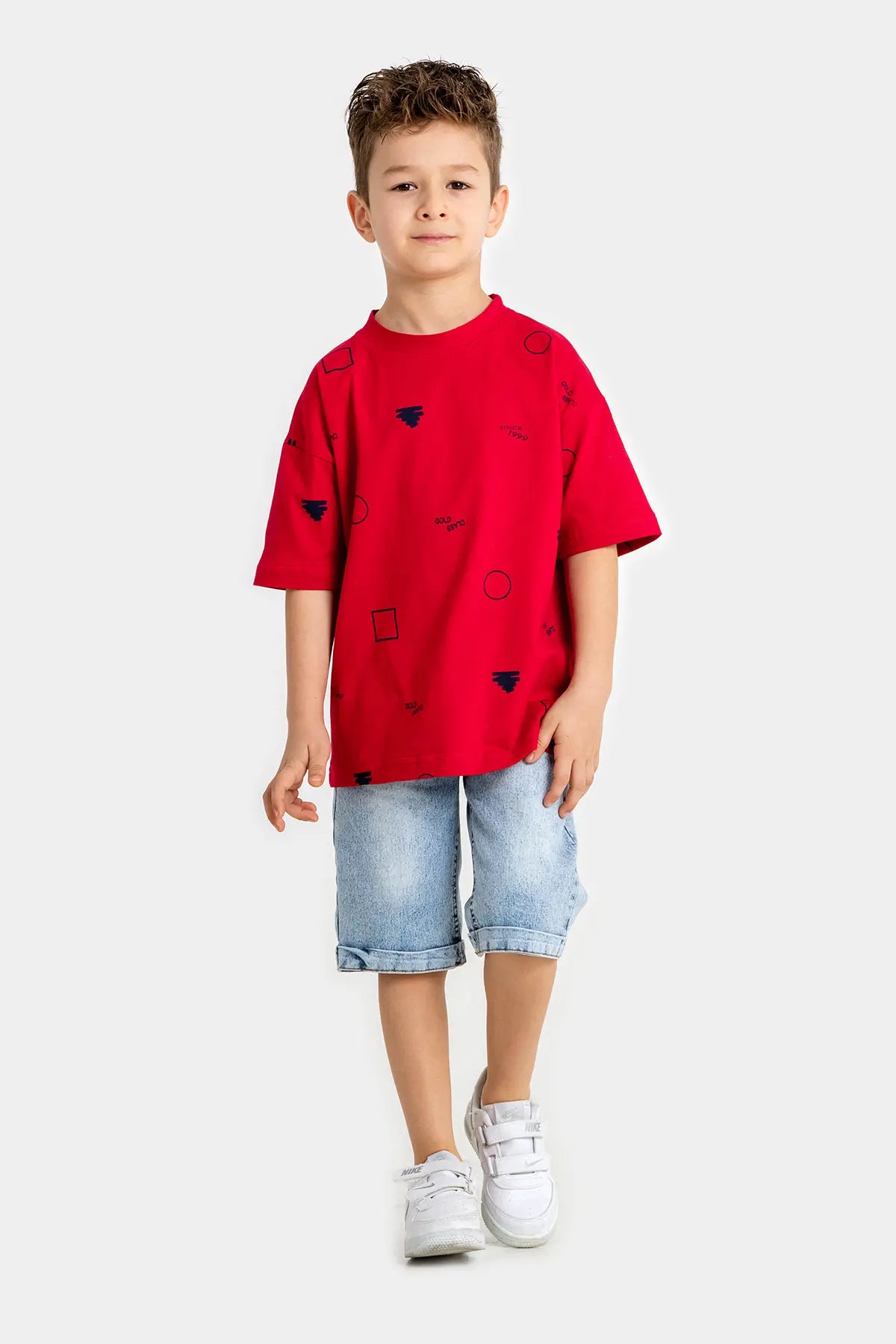 Boys Summer Outfit, Geometirc Printed with T-shirt & Denim Shorts