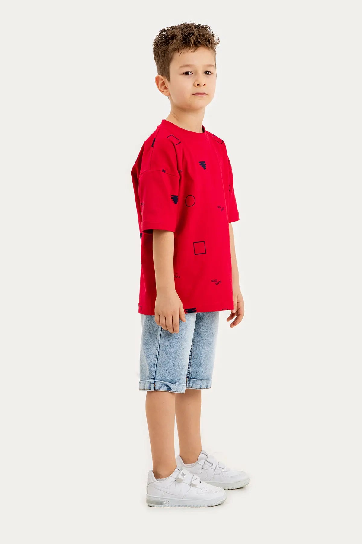 Boys Summer Outfit, Geometirc Printed with T-shirt & Denim Shorts