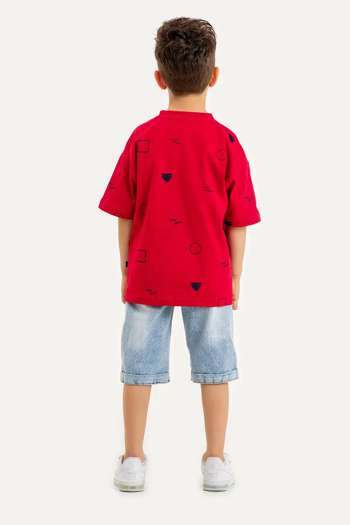 Boys Summer Outfit, Geometirc Printed with T-shirt & Denim Shorts