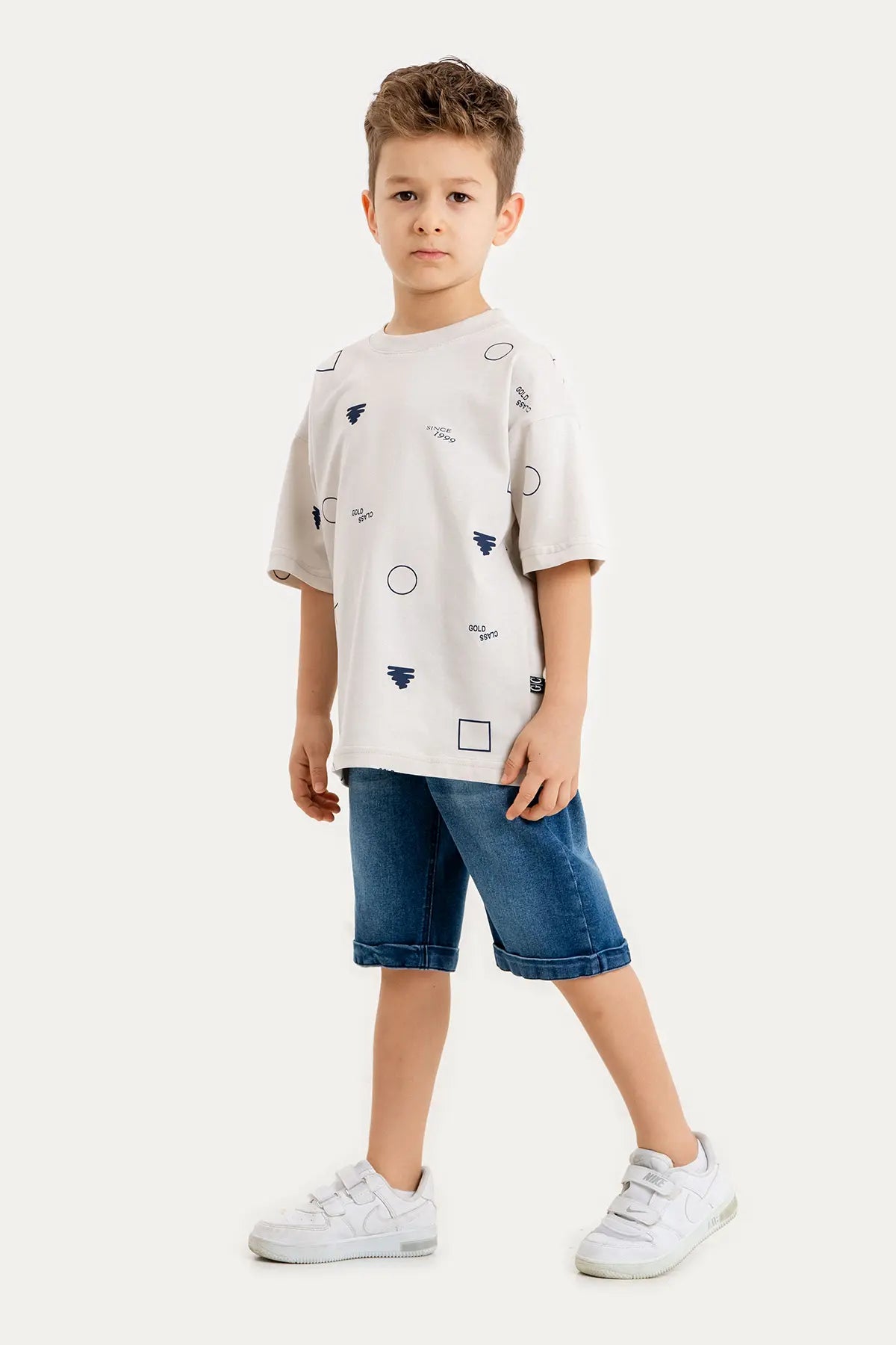 Boys Summer Outfit, Geometirc Printed with T-shirt & Denim Shorts