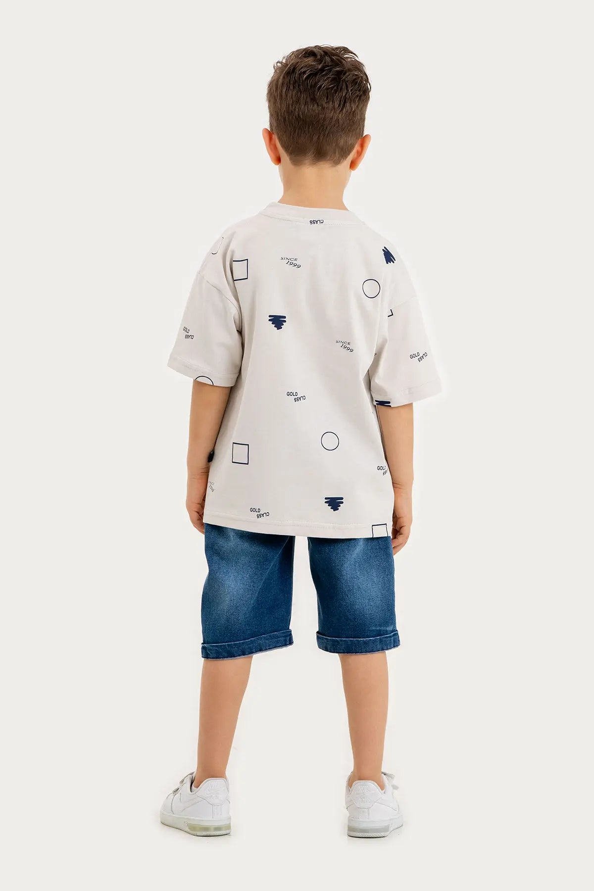 Boys Summer Outfit, Geometirc Printed with T-shirt & Denim Shorts