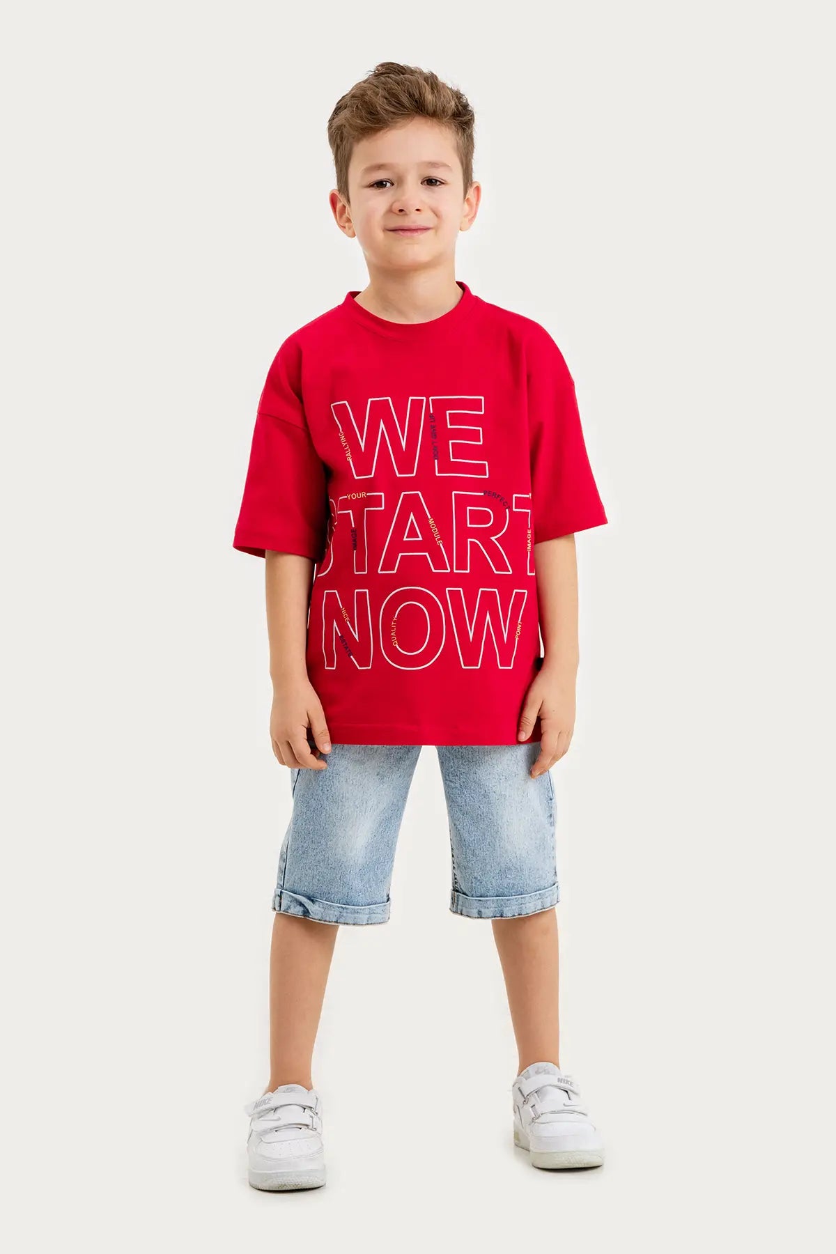 Boys Summer Outfit, "We Start Now" Printed T-shirt & Denim Shorts