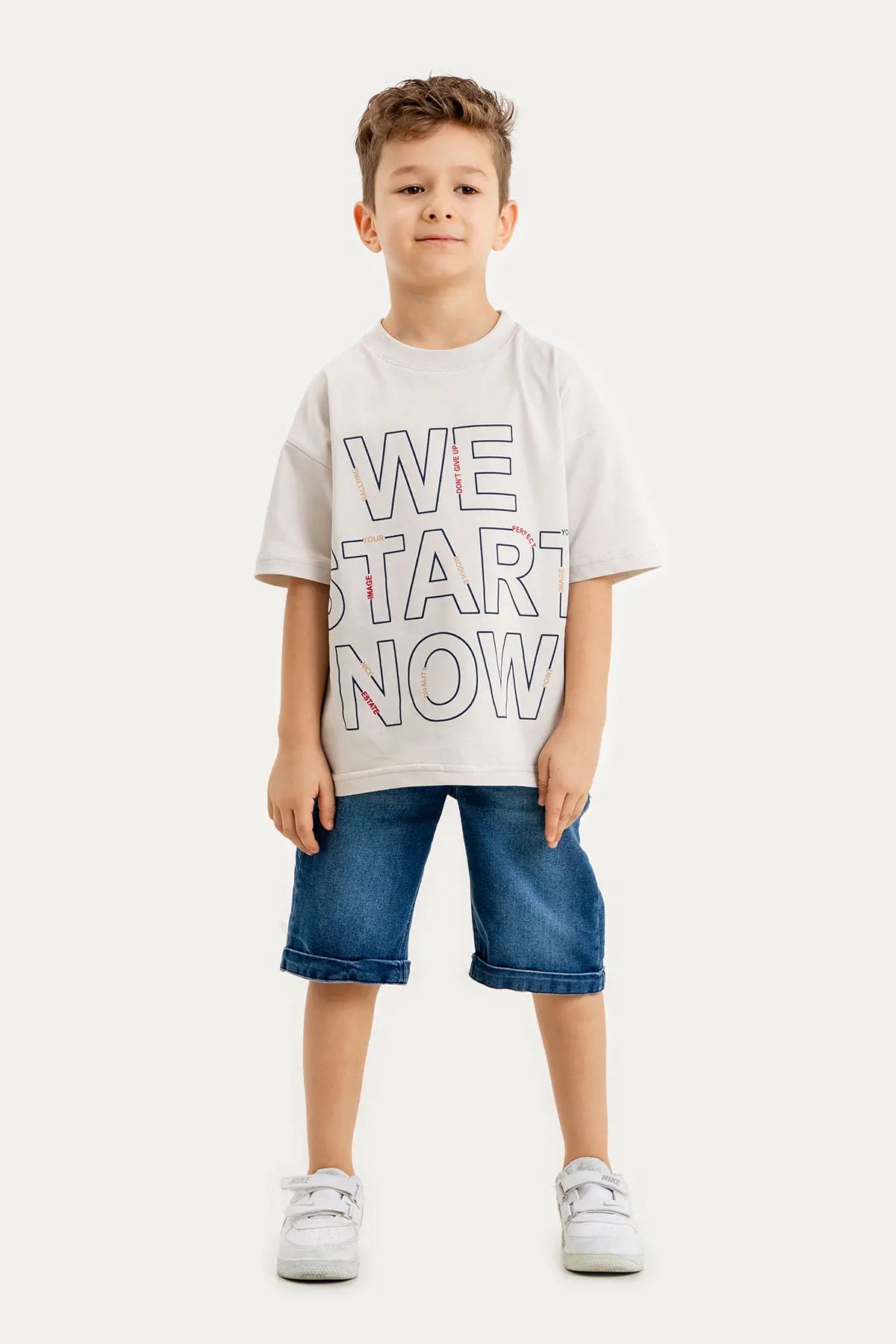 Boys Summer Outfit, "We Start Now" Printed T-shirt & Denim Shorts