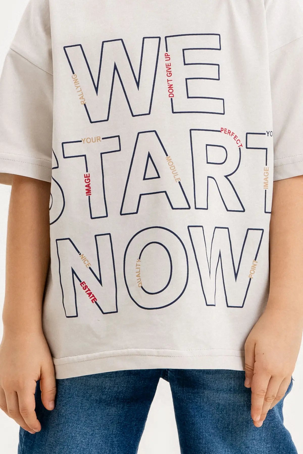 Boys Summer Outfit, "We Start Now" Printed T-shirt & Denim Shorts