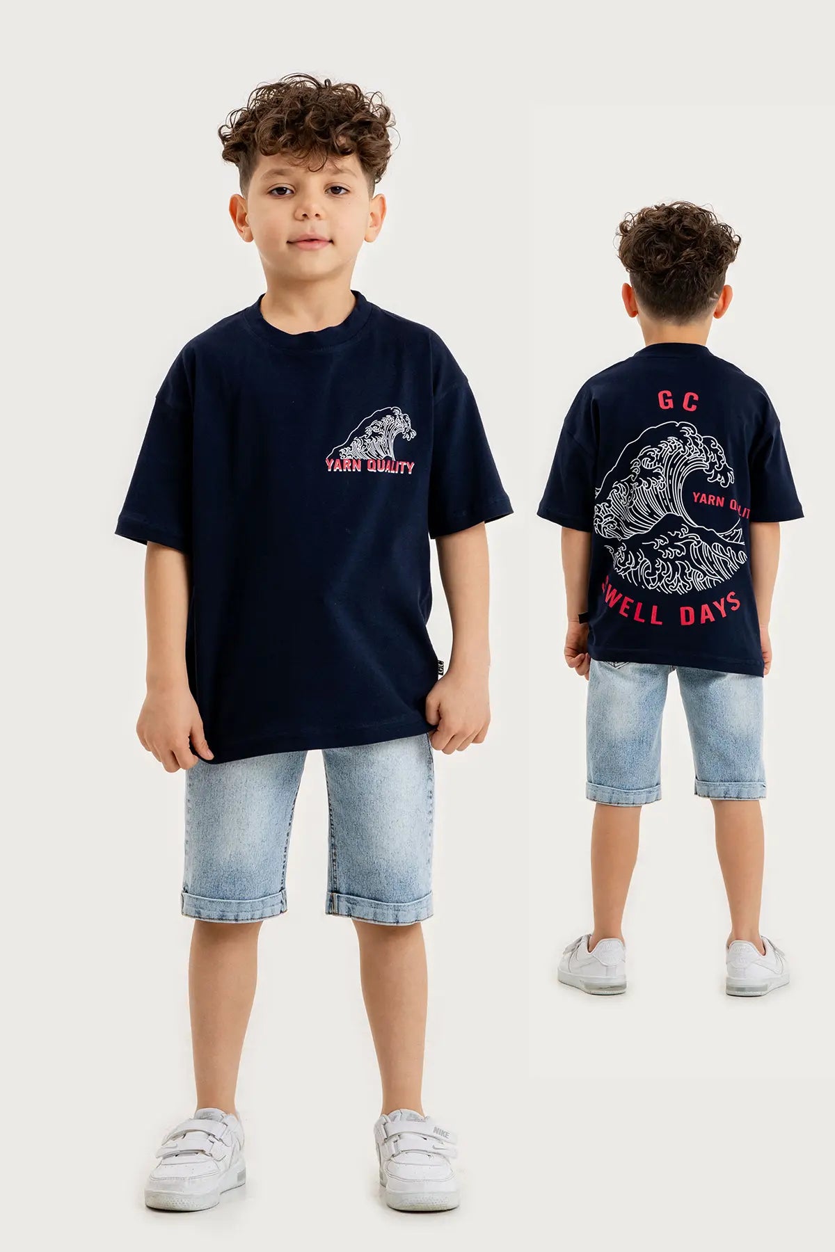 Boys Summer Outfit, "Swell Days" Printed T-shirt & Denim Shorts