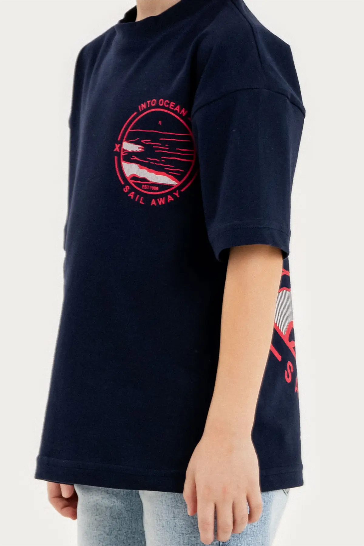 Boys Summer Outfit, "Into Ocean Sail Away" Printed T-shirt & Denim Shorts