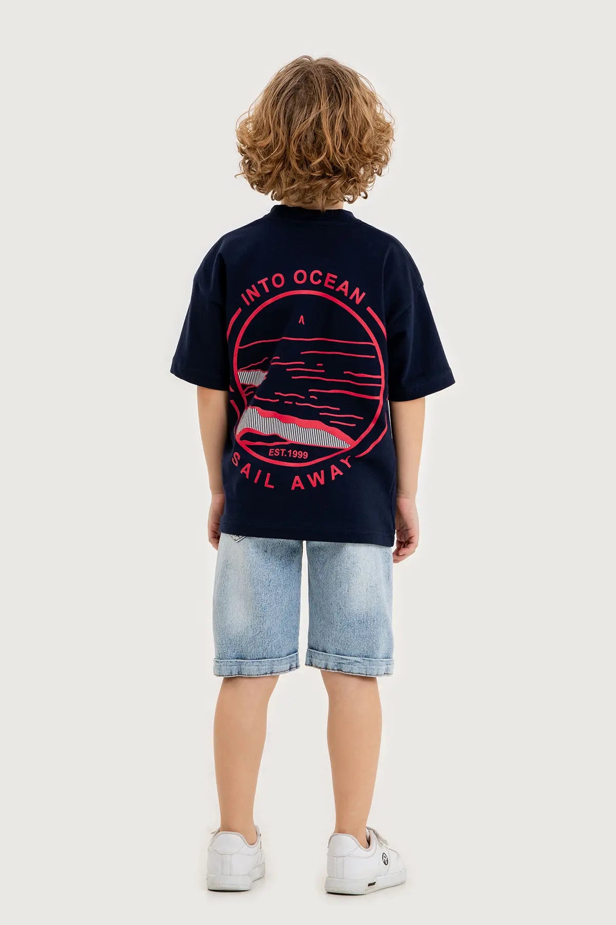 Boys Summer Outfit, "Into Ocean Sail Away" Printed T-shirt & Denim Shorts