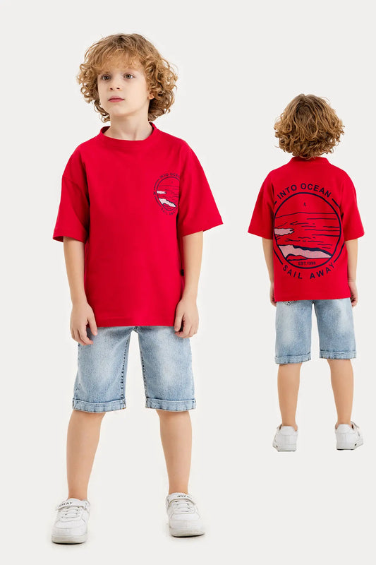 Boys Summer Outfit, "Into Ocean Sail Away" Printed T-shirt & Denim Shorts