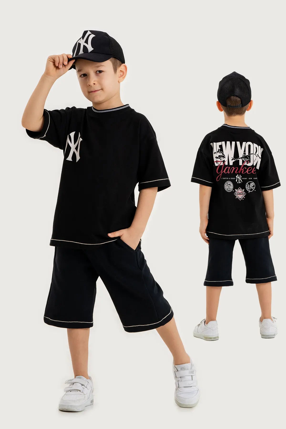 Boys Summer Outfit, New York Yankees Printed T-shirt & Shorts & Cap