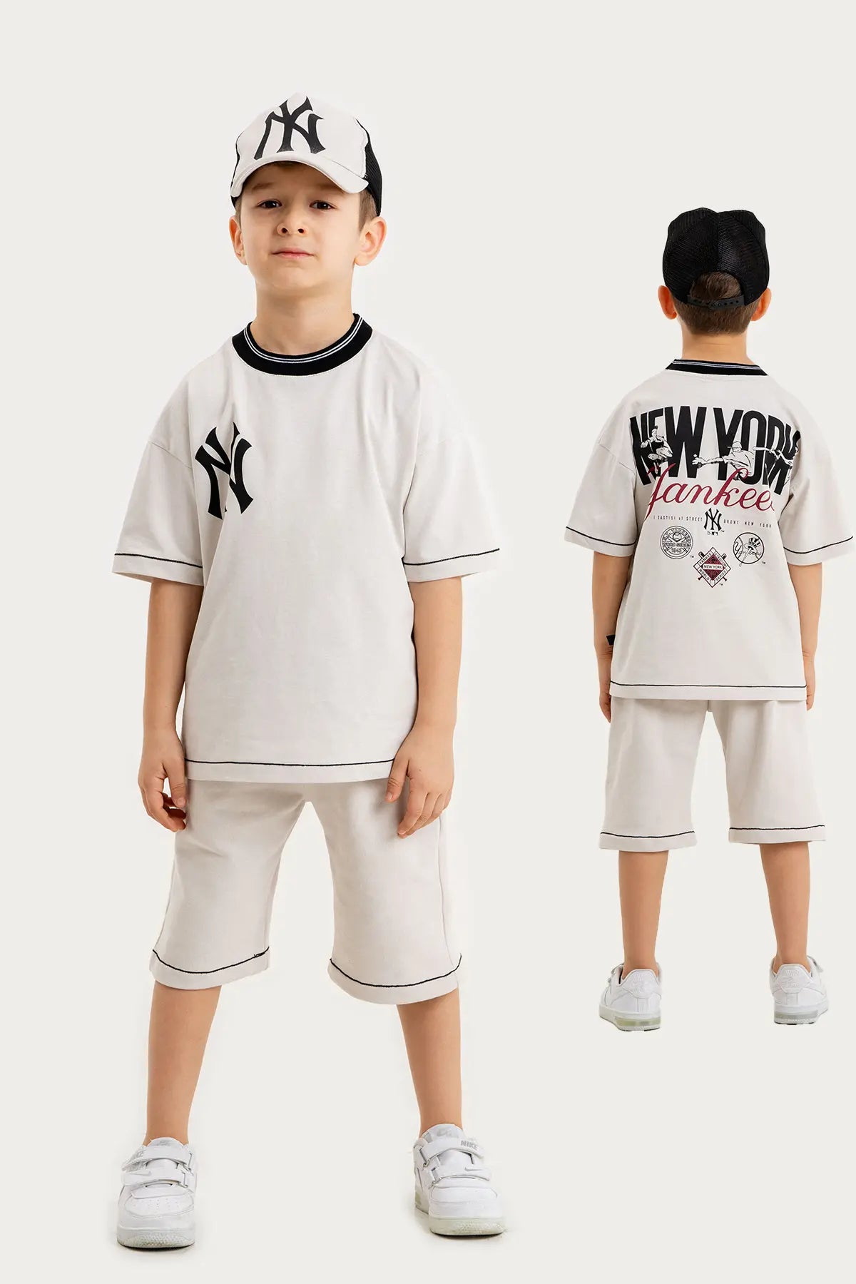 Boys Summer Outfit, New York Yankees Printed T-shirt & Shorts & Cap