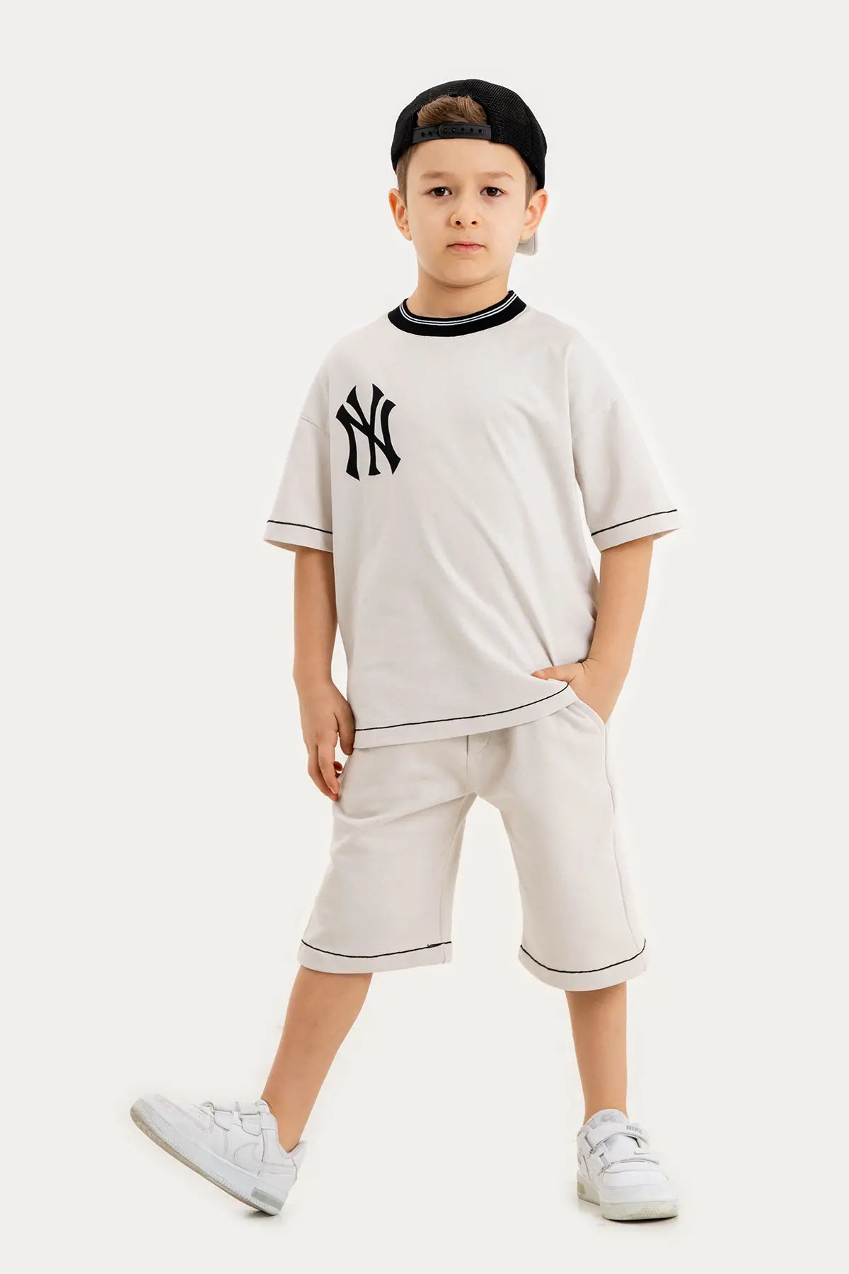 Boys Summer Outfit, New York Yankees Printed T-shirt & Shorts & Cap