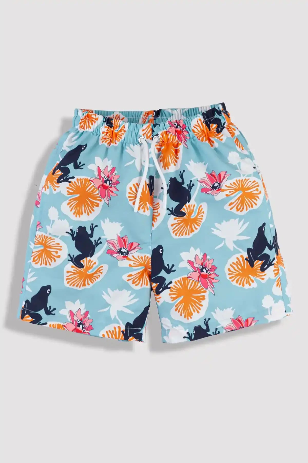 Boys Swim Short, Frog Lotus Pattern, Beach Swimwear for Boys, Colorful Boys Swim Trunk