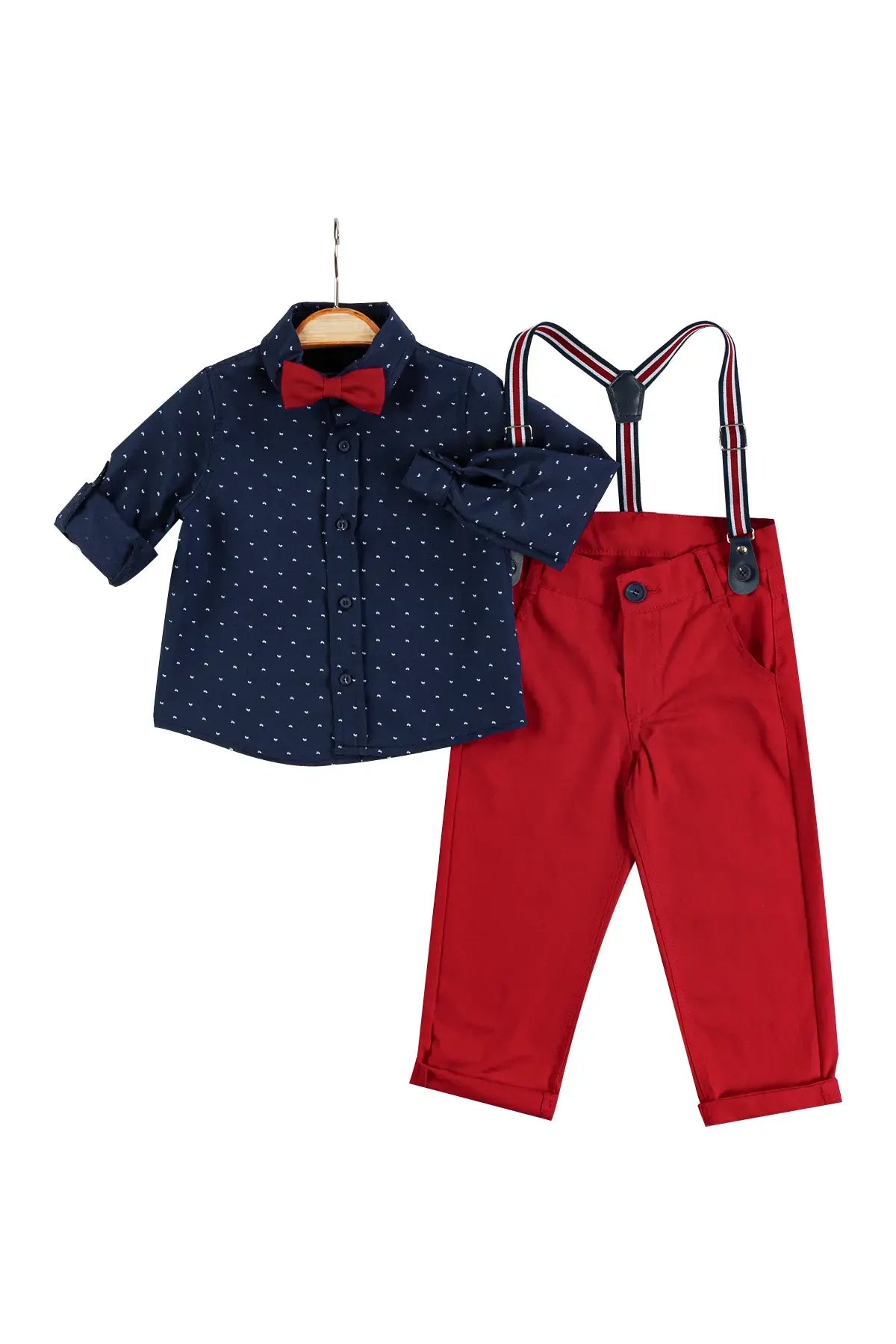 Boys' Christmas-Themed Shirt, Trousers & Bow Tie Set Navy Blue - Red / 9-12 Months