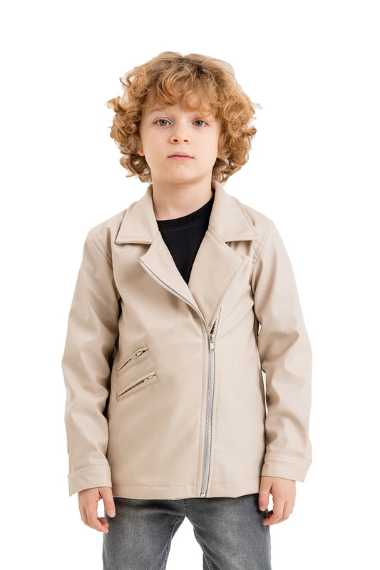 Kids' V-Neck Leather Zip-Up Jacket with Zipper Details