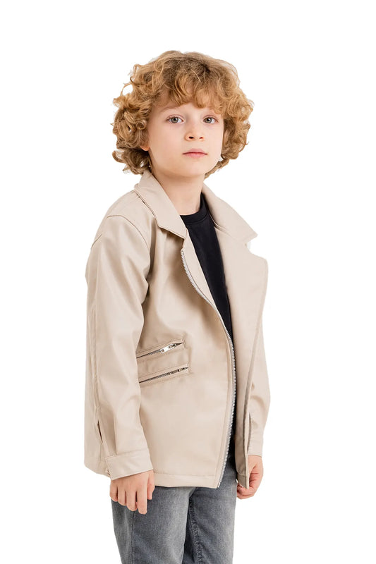 Kids' V-Neck Leather Zip-Up Jacket with Zipper Details