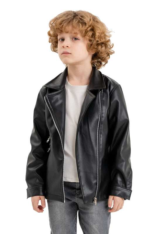 Kids' V-Neck Leather Zip-Up Jacket with Zipper Details