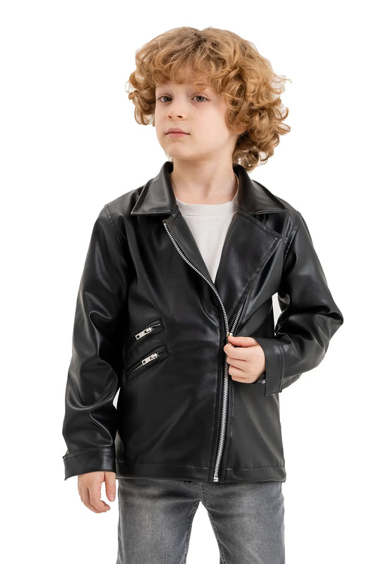 Kids' V-Neck Leather Zip-Up Jacket with Zipper Details